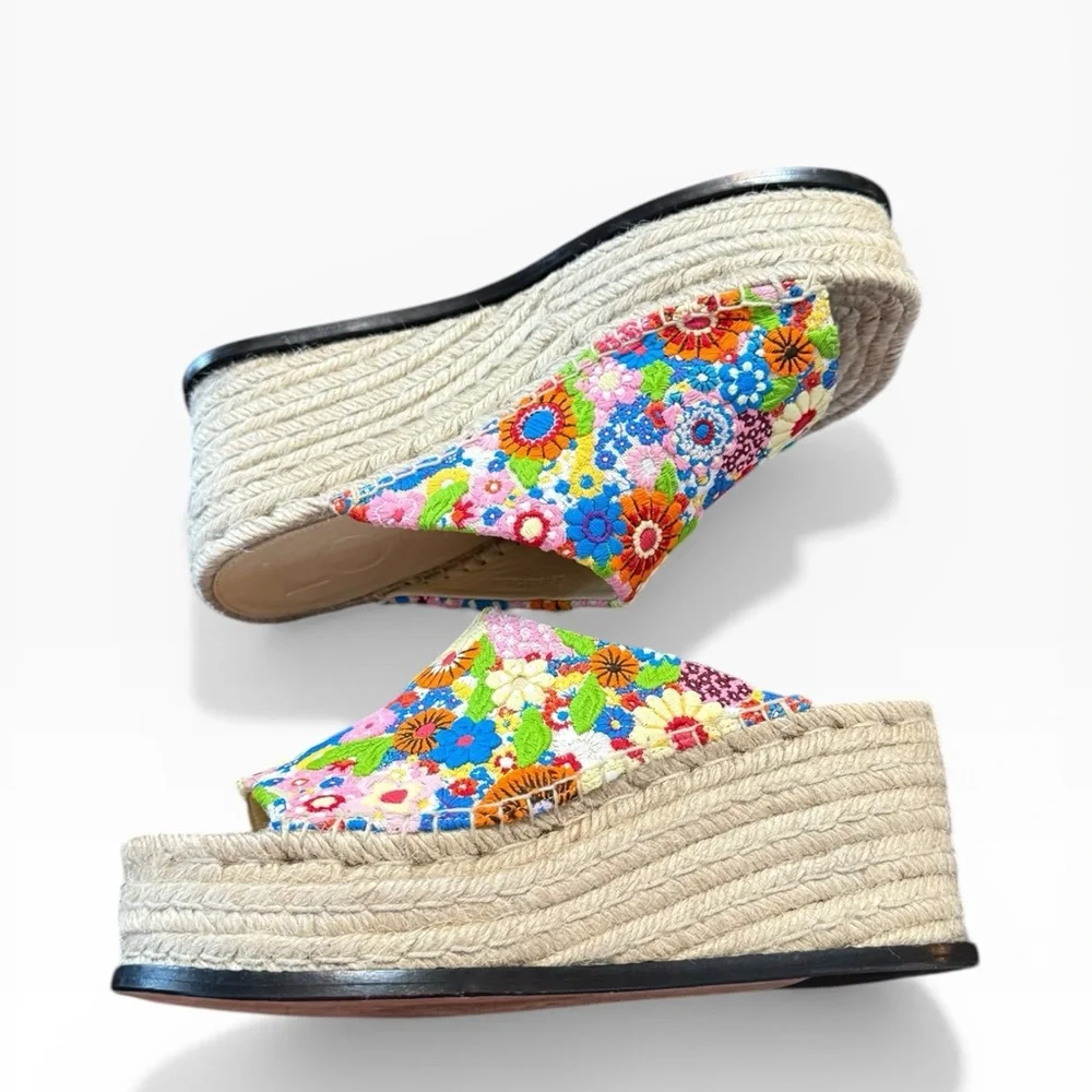 Loewe x Paula's Ibiza Petal Embroidered Canvas Platform Espadrille Mules EU 37